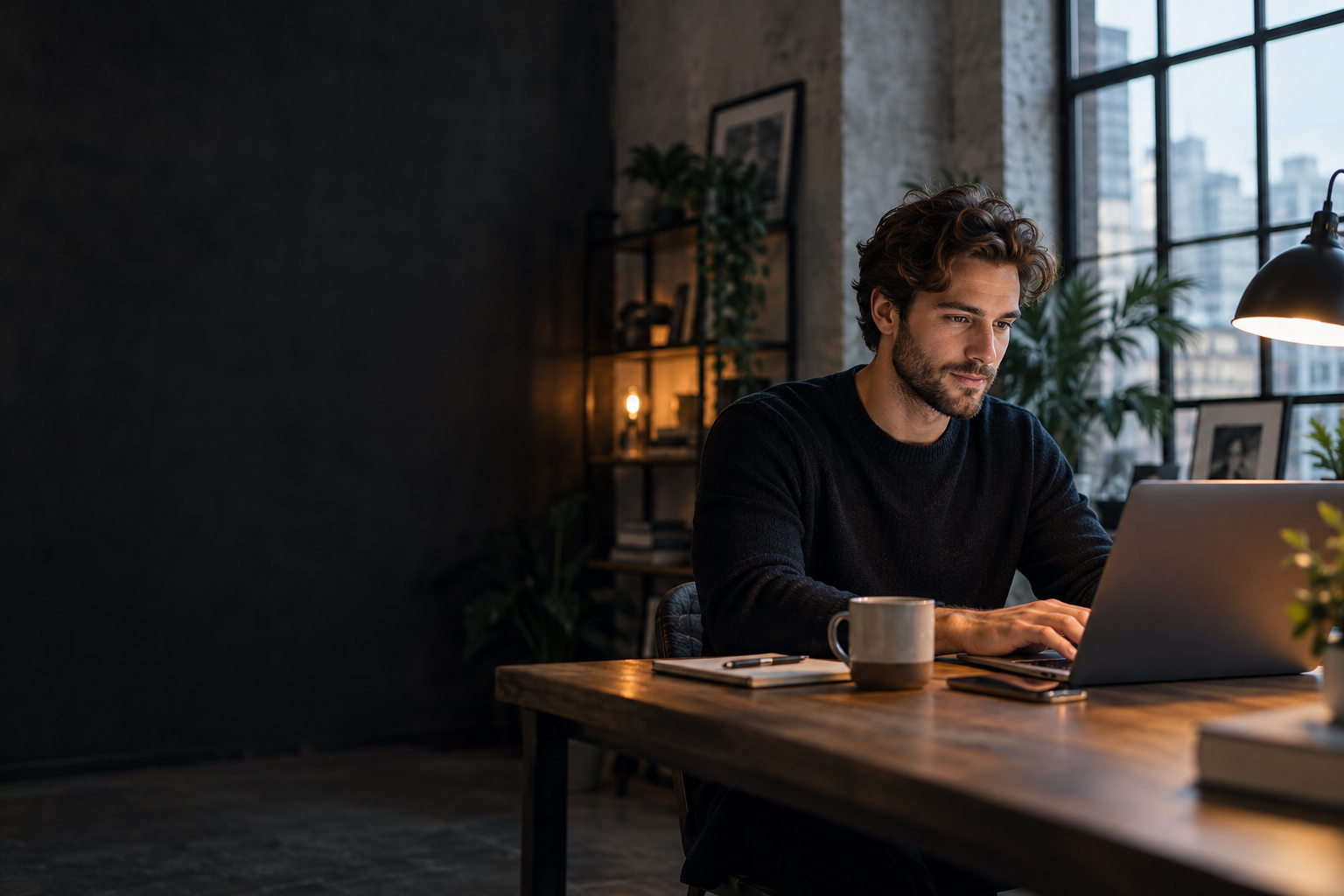 Entrepreneur building an AI business at a laptop in a sunlit studio